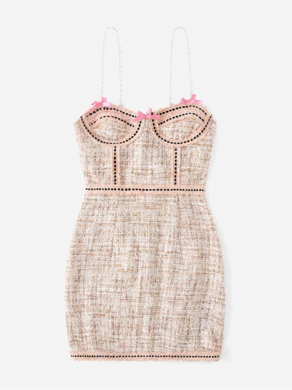 NWOT Boutique Pink bow front pearls detail tweed corset dress. Size Large